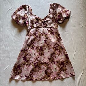 AUU Floral Pink Puff Sleeve Satin Mini Dress - Size M